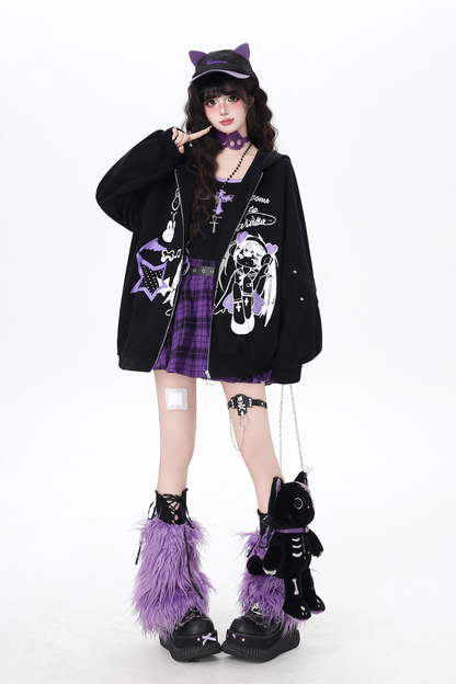 Dark Cute Loose Zip Hooded Hoodie