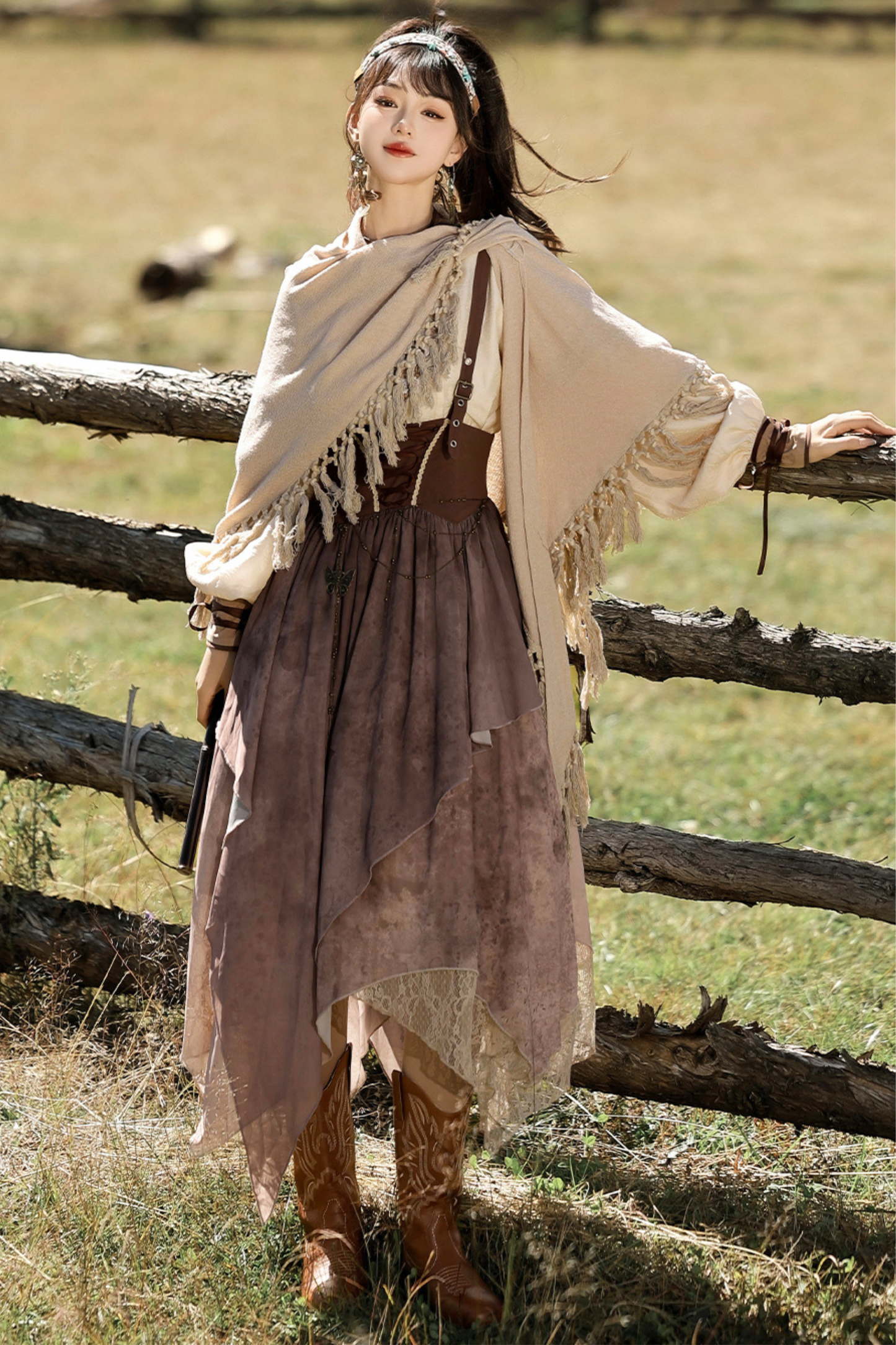 サンセット民族フードケープ+サスペンダースカート+トップス