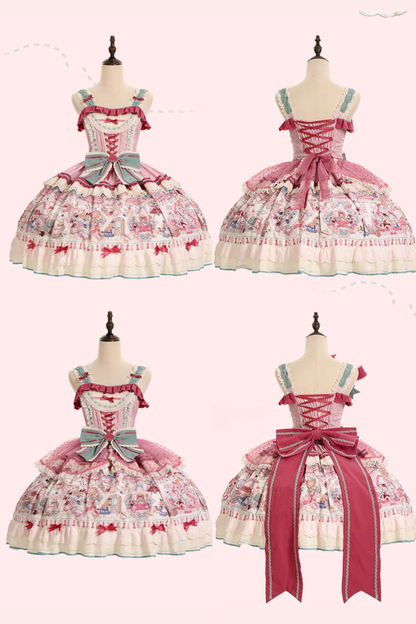 [Date limite de précommande : 1er juillet] Robe JSK sweet lolita rose x verte Alice Chat à nœud (avec surjupe en tulle à pois)