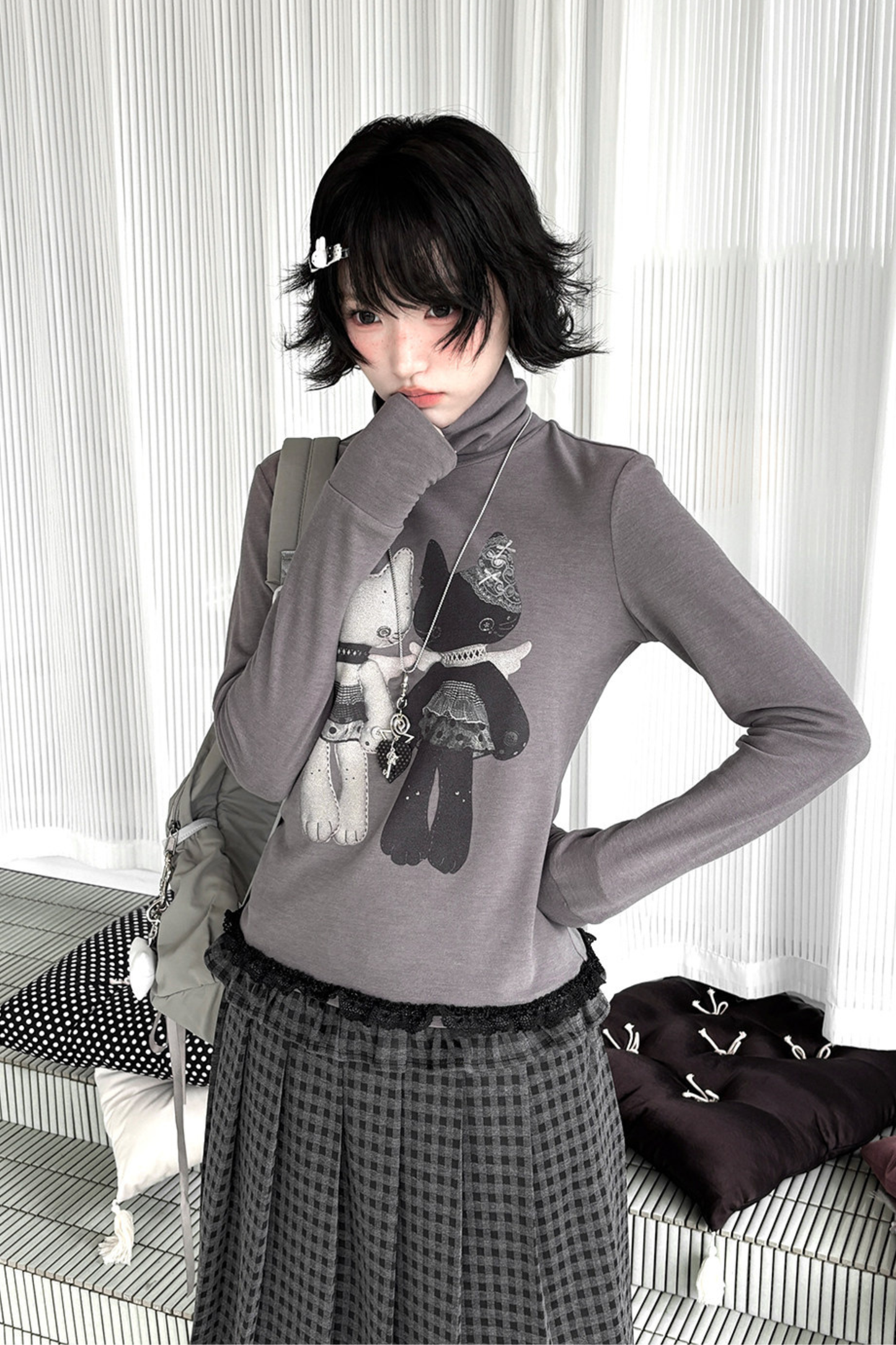 Animal Doll Print Top + Pleated Skirt + Wide Pants + Jacket