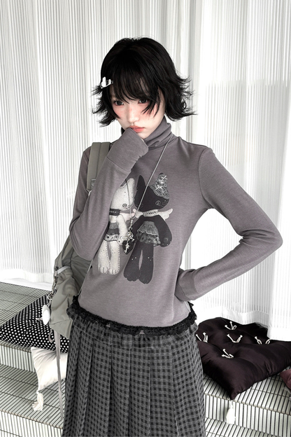 Animal Doll Print Top + Pleated Skirt + Wide Pants + Jacket