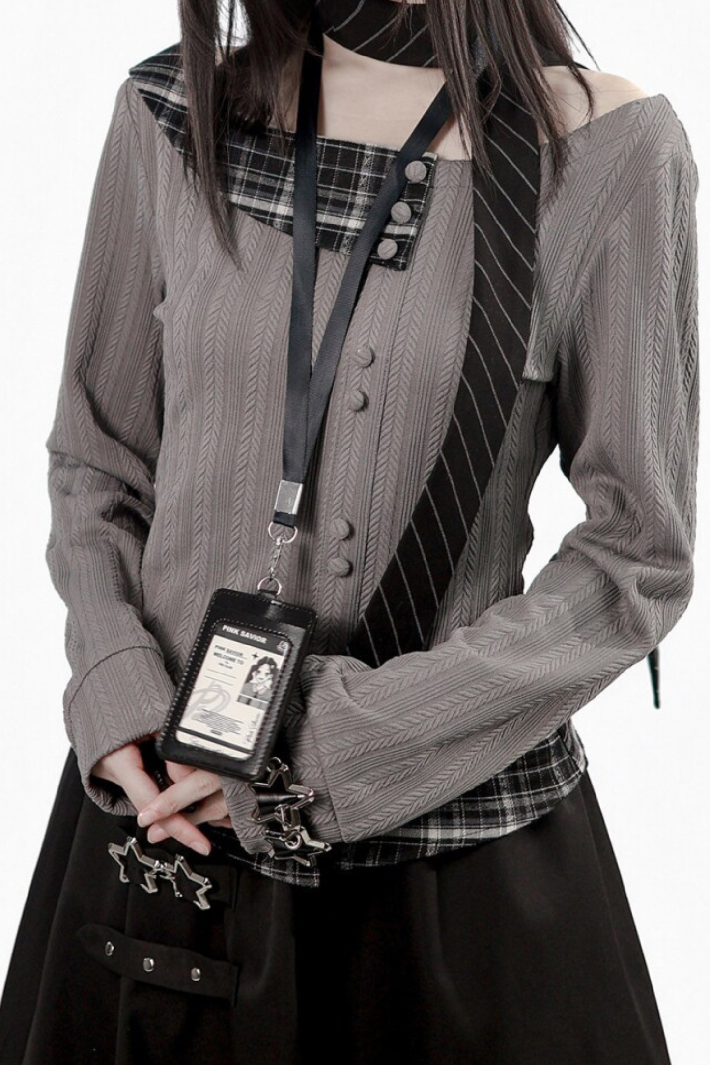 Y2K Dark Top + Flare Skirt + Scarf