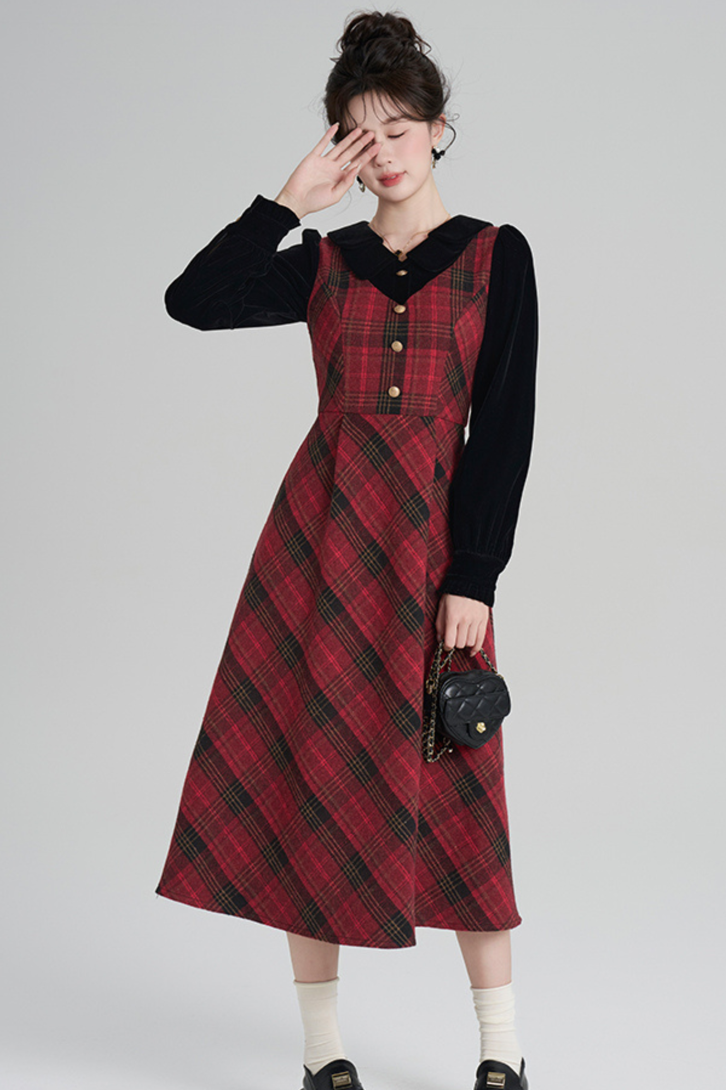 レッドレトロチェックツイードドレス
