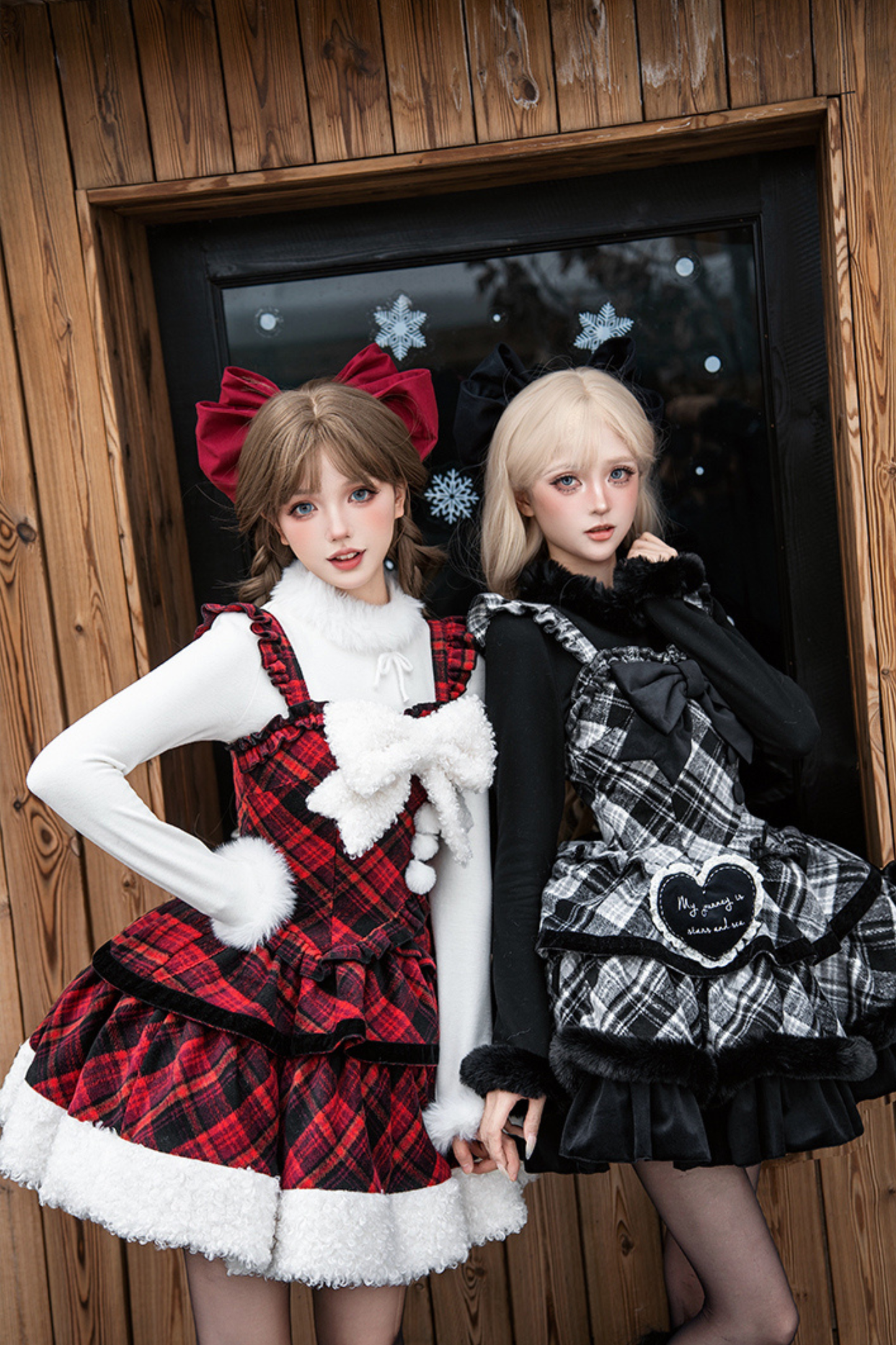 チェックドールジャンパースカート+リボンブローチ+ピン+ラブブローチ+ショール+トップス+レッグカバー