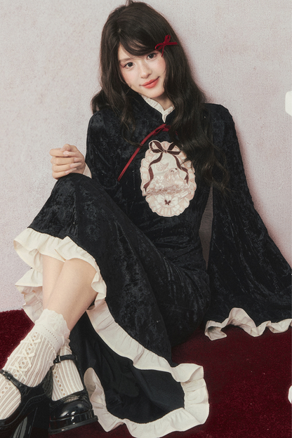 レトロゴージャスブラックベルベットマーメイドテールチャイナドレス+マント