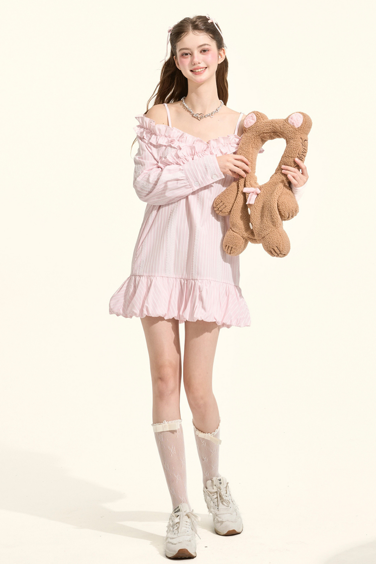 Pre-Fall Lace Striped Off-Shoulder Bubble Gown