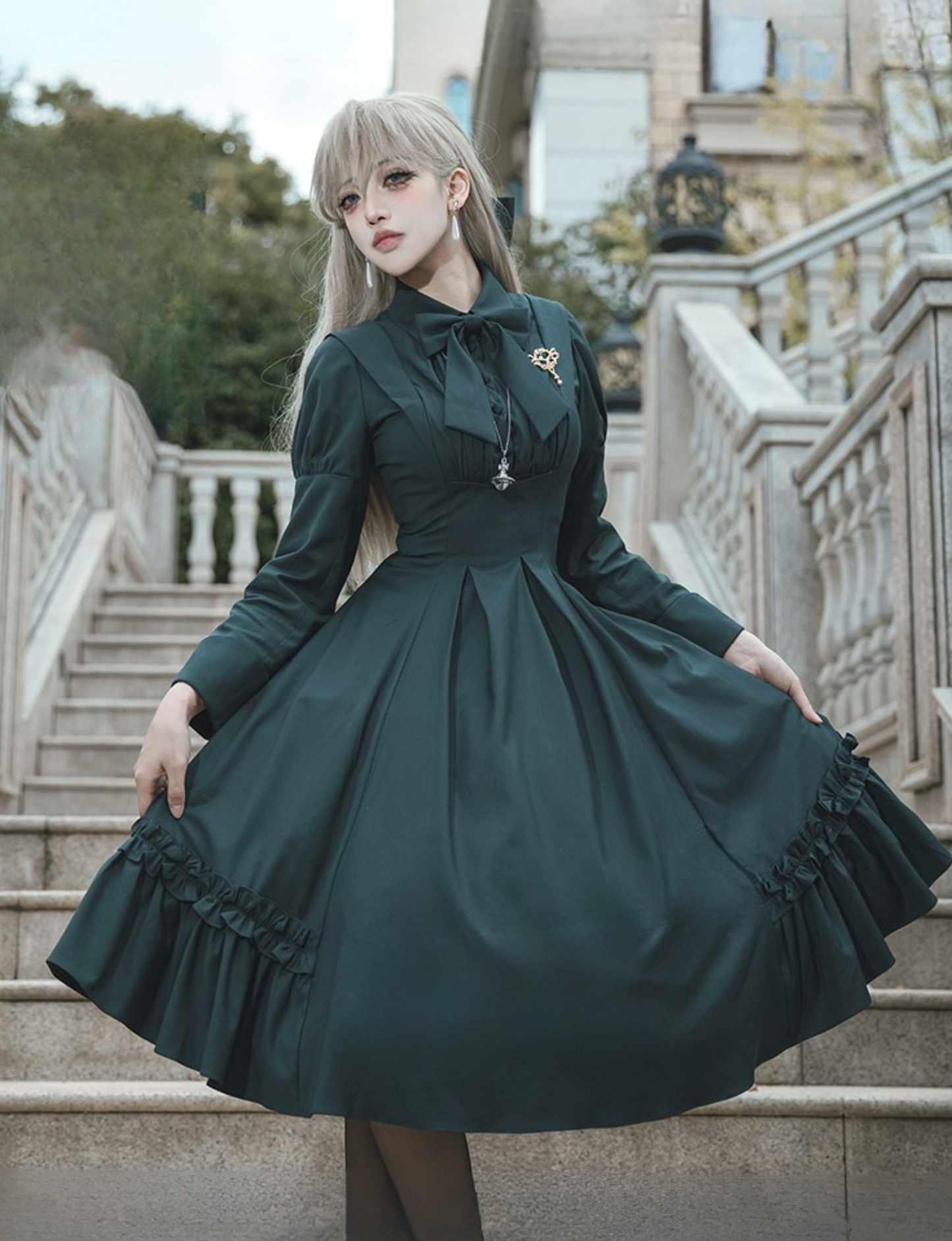 【12月9日予約締切】エレガントロングスリーブフリルリボンドレス