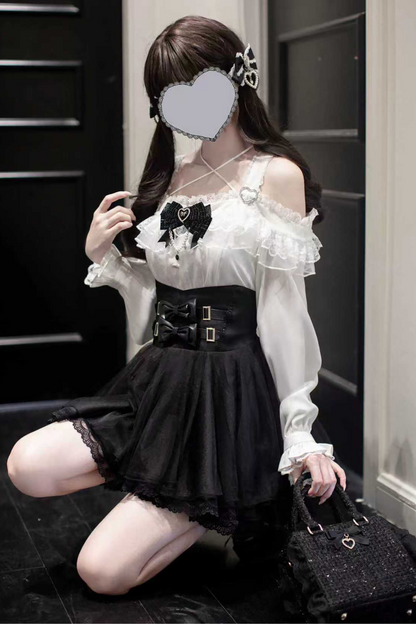 Mine off-the-shoulder shirt + checked skirt (with inner pants)