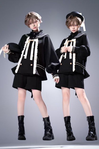 College Style Prince Sailor Collar Jacket Shorts Set + Hat