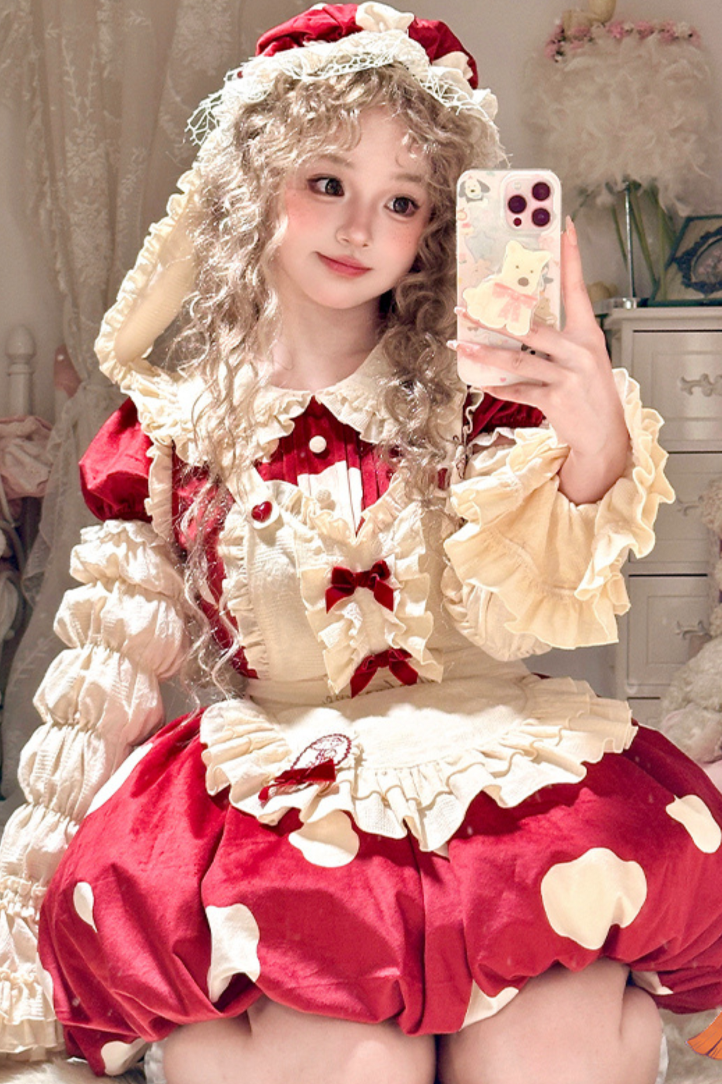 キノコドールワンピース+リボンフリルエプロン+フリルスリーブ+うさ耳ハット