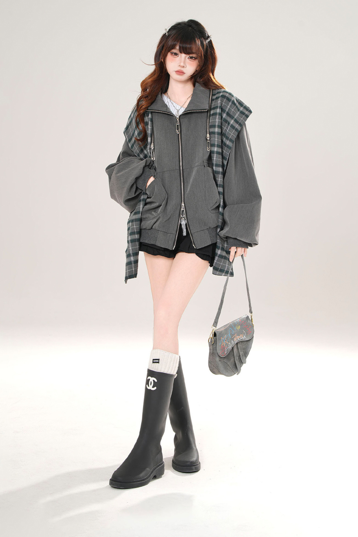 モードチェックフードジャケット