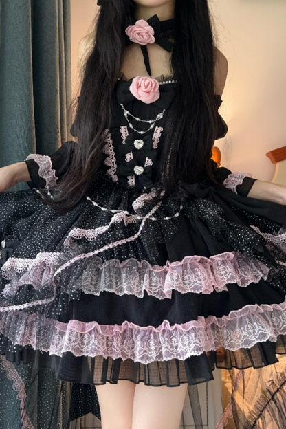 Flower Tube Top Lolita Dress + Sleeve + Head Accessories