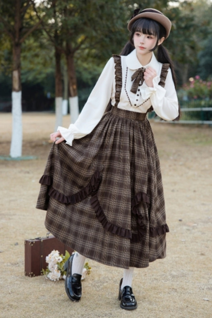 Retro girly check skirt + ruffle blouse