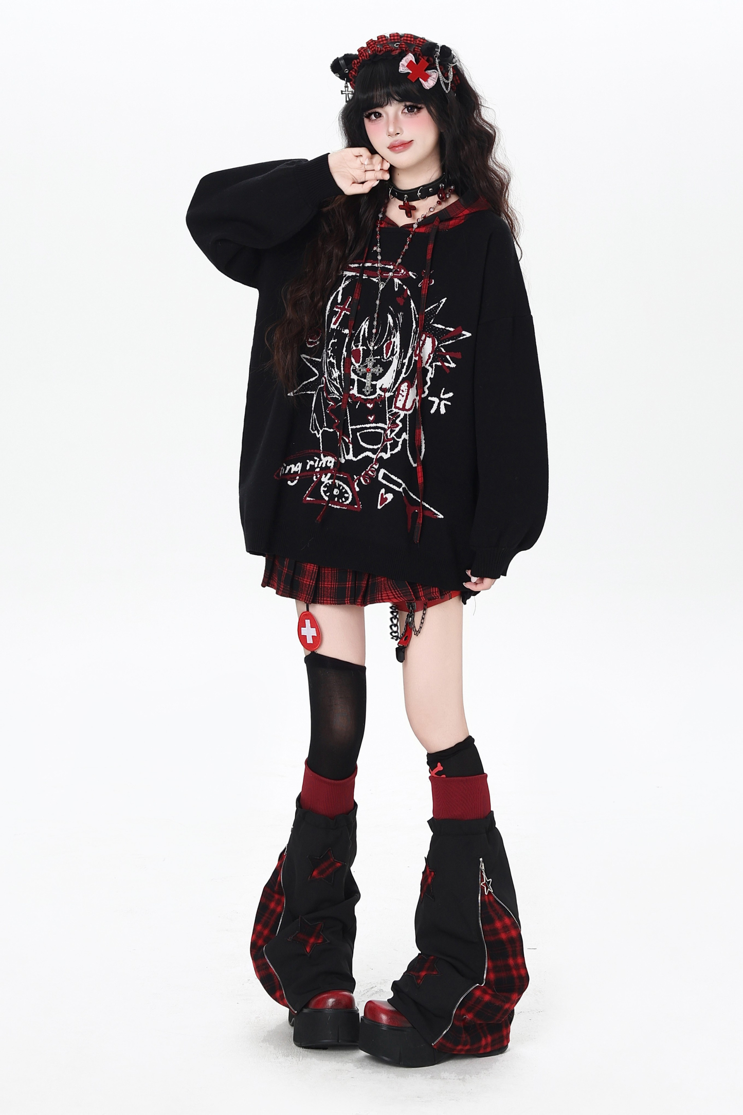 パンクガールチェックフードルーズセーター