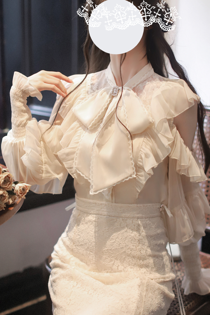 エレガントクリアシフォンビッグリボンシャツ+マーメイドスカート