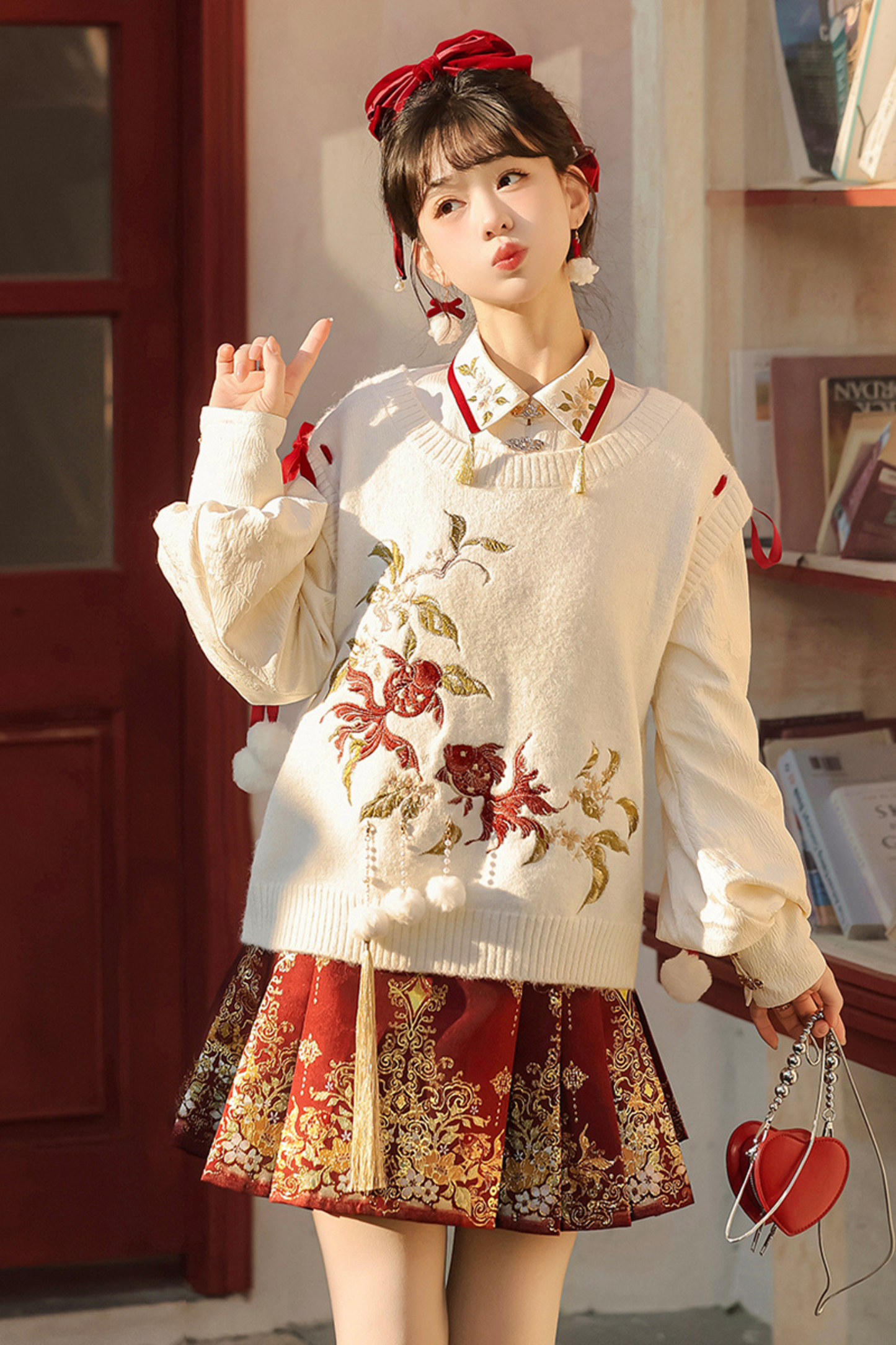 チャイナスノーニットベスト+シャツ+スカート