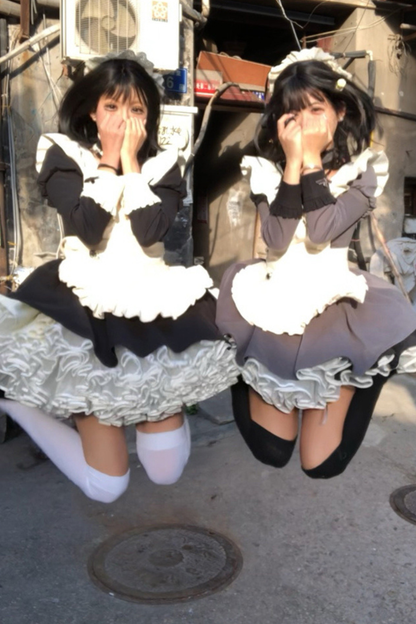 ツインフリルメイドロリータドレス+エプロン+チョーカー+ヘッドバンド+リボン+レッグカバー