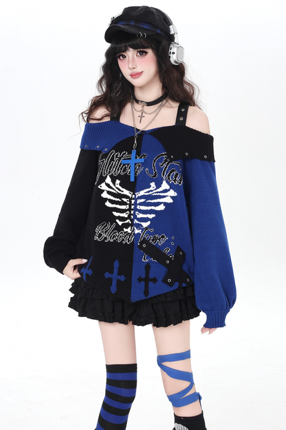 スカルボーンゴシックオフショルダートップス+スカーフ