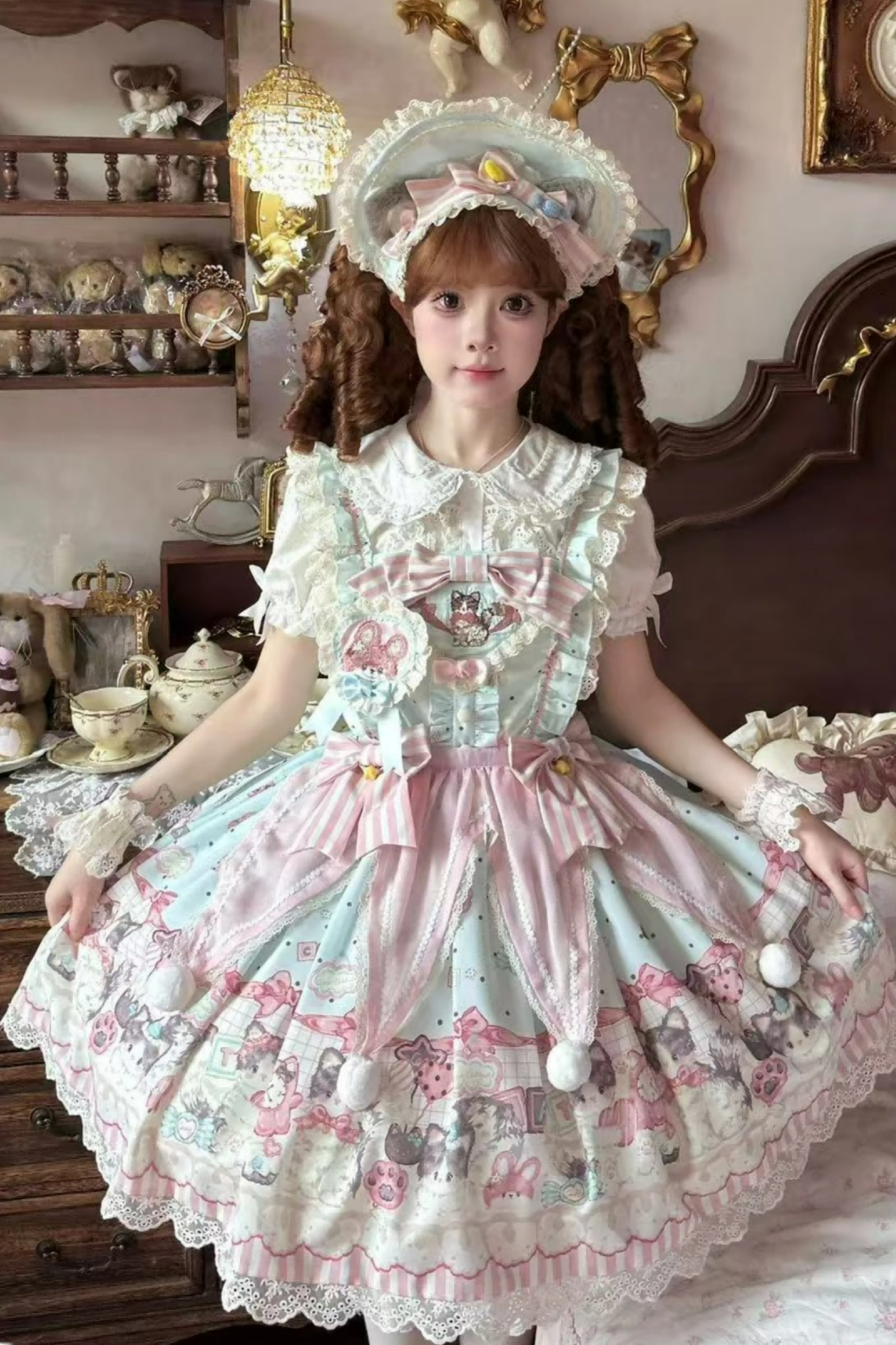 キャビネットロリータジャンパースカート+ドレス+ブローチ+ヘアバンド+ボンネット+エプロン+ハンドスリーブ