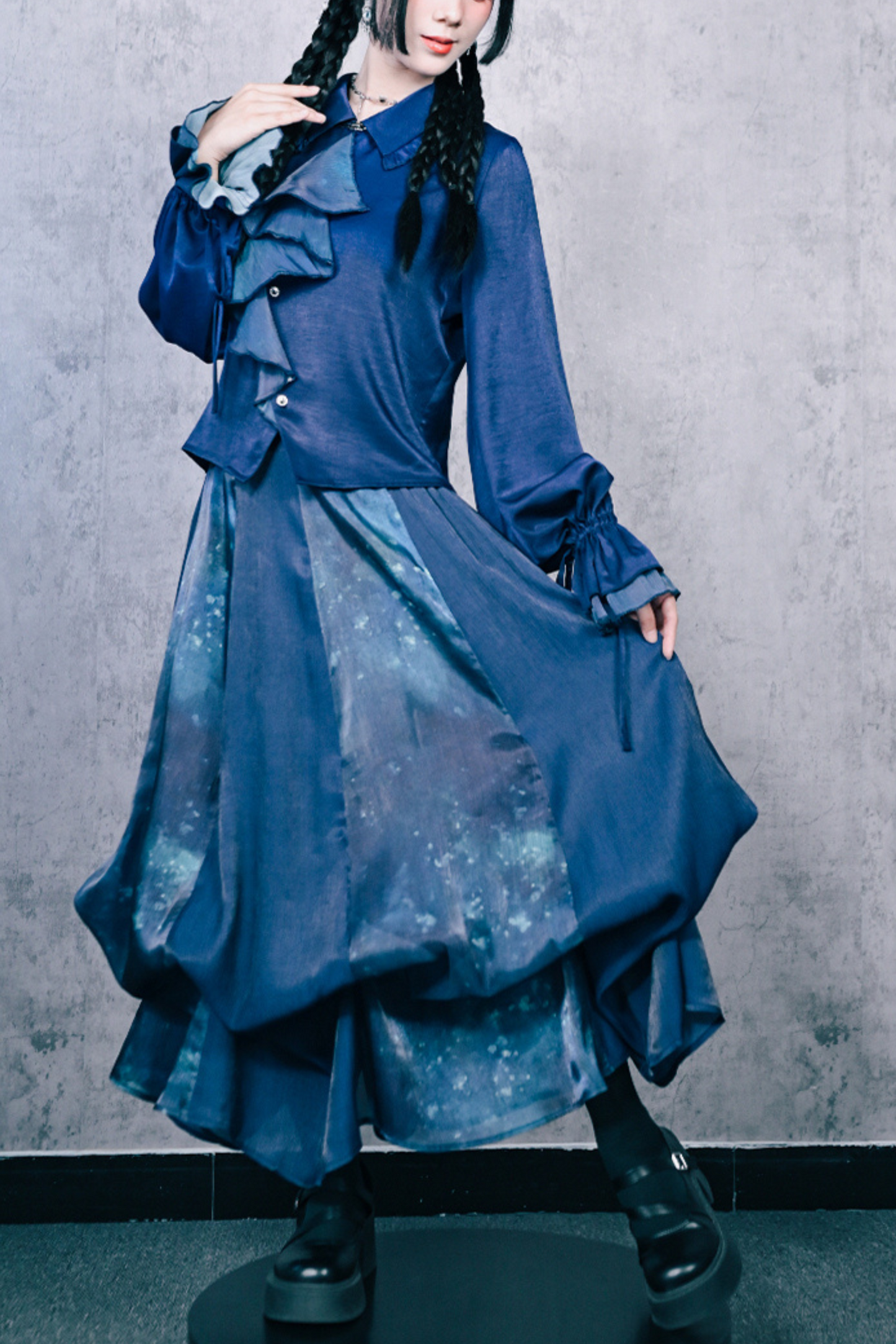 Blue World Floating Light Splice Ruffle Lantern Sleeve Shirt