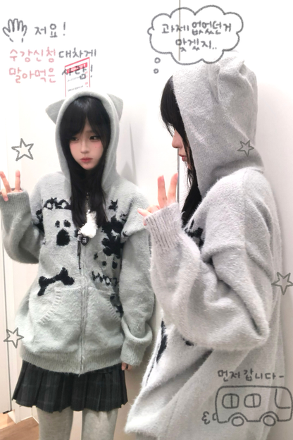 Cat Ear Hood Loose Zip Cardigan