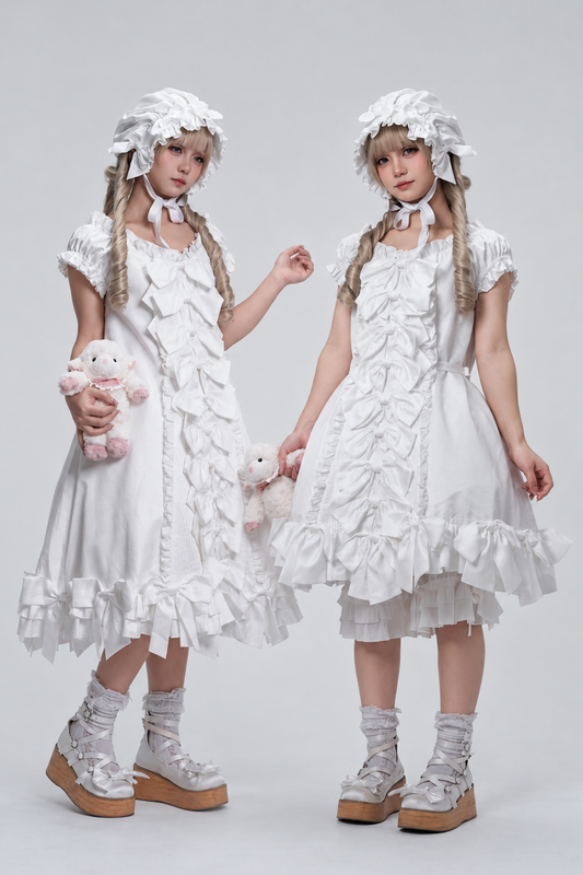 [November 15 Reservation Deadline] White Doll Style Front & Back Two-Way Ruffle Ribbon Lolita Dress (Short/Long) + Matching Shorts (Short/Long) + BB Hat