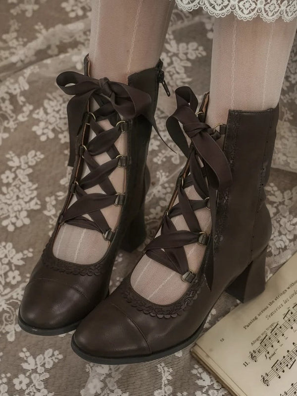 Elegant Antique Lolita Lace-Up Boots