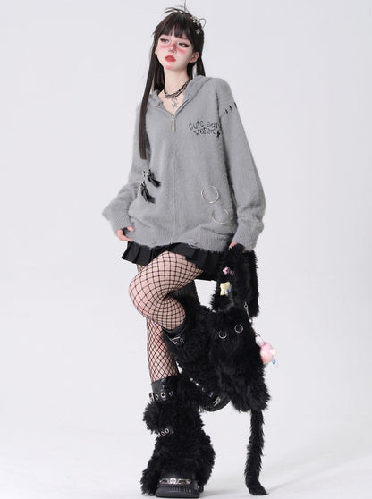 Long Bunny Dark Belt Zip-Up Hoodie