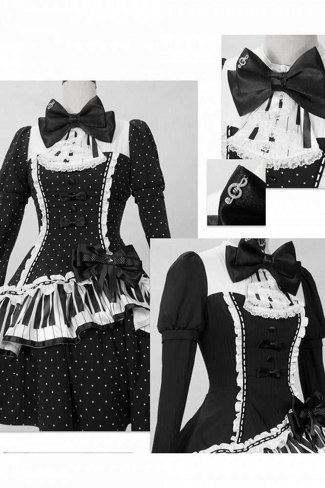 [Reservierungsschluss 22. Oktober] Schwarz gepunktetes Gothic-Lolita-Rüschenkleid mit asymmetrischem Design, Klaviertasten- und Musiknotenmotiv sowie Klaviertasten-Spitzenfliege