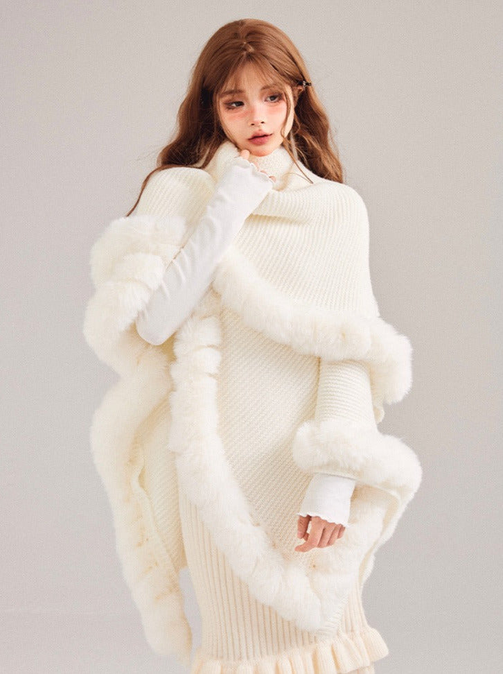 Soled Collar Shawl Knit Fur Ball Cape Jacket