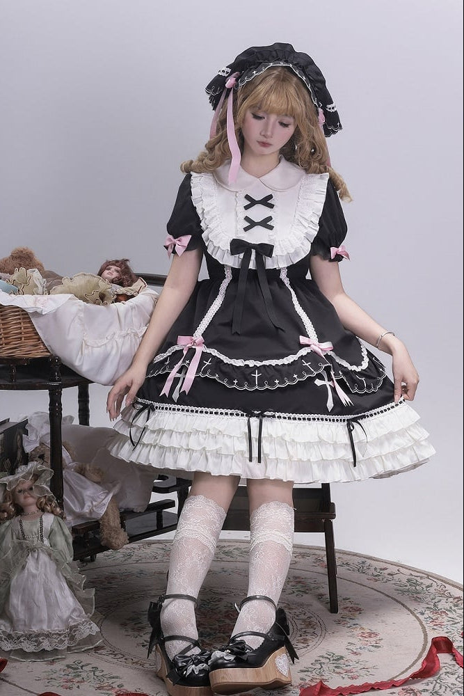 【10月4日予約締切】Black Pink Gothic-Inspired Sweet Lolita Ribbon Ruffle Dress＋Cross Embroidery Ribbon Cape