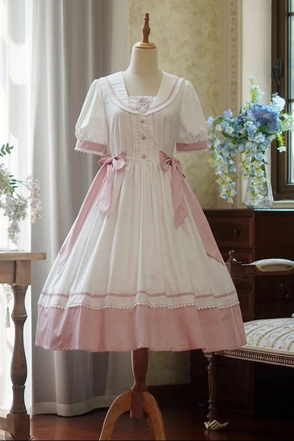 [Reservierungsschluss 28. Juni] 5 Farben/Sailor-Lolita-Streifenkleid mit Schleife und Puffärmeln