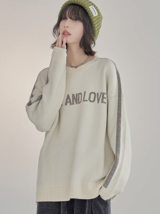 Retro Letter Loose Knit Round Neck Sweater