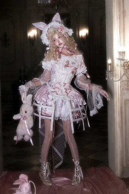 [Date limite de précommande : 6 octobre] Pink Castle Bunny ensemble poupée romantique avec haut corset à manches bouffantes en dentelle + short + surjupe à volants + surjupe cage à oiseaux Set 1/2/3