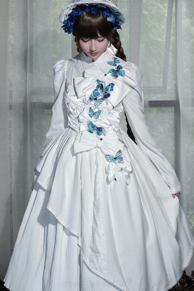 [Reservierungsschluss 14. Oktober] Schwarz/weißes Gothic-Lolita-Langkleid mit Schmetterlingsschleife, Stehkragen und asymmetrischen Lagen
