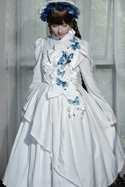 [Reservierungsschluss 14. Oktober] Schwarz/weißes Gothic-Lolita-Langkleid mit Schmetterlingsschleife, Stehkragen und asymmetrischen Lagen