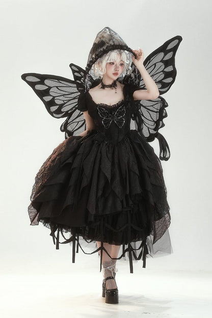 【10月28日予約締切】Black Butterfly Gothic Lolita Puff Sleeve Dress Top + Layered Ruffle Asymmetrical Hem Skirt Set (With Chest Brooch + Waist Brooch)