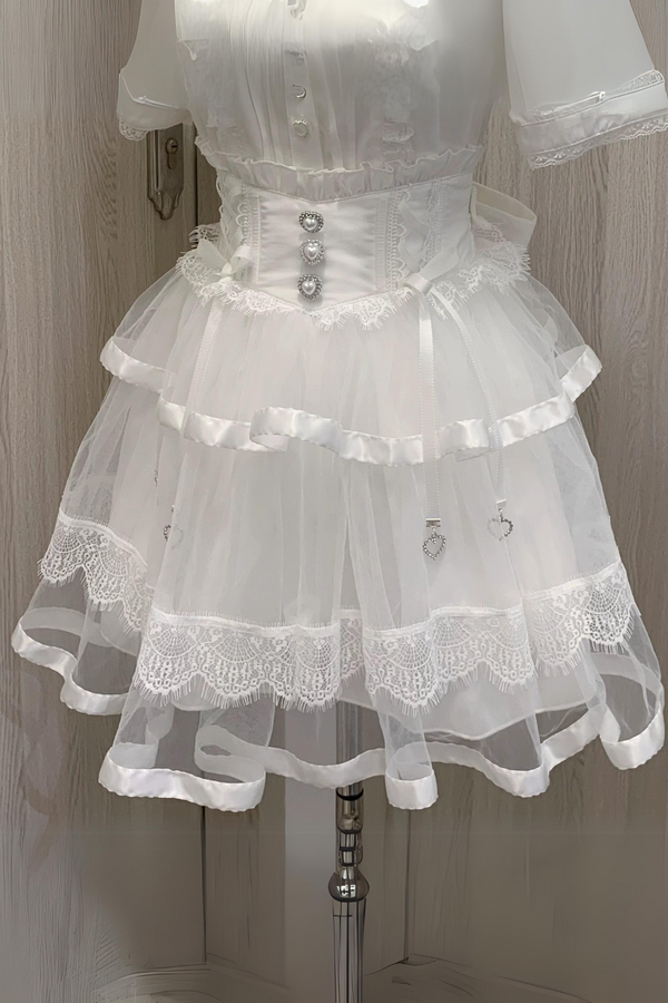 地雷リボンレースメッシュフィッシュボーンバレエスカート