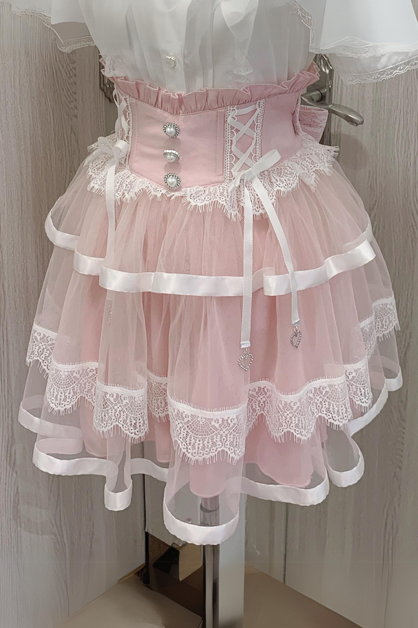 地雷リボンレースメッシュフィッシュボーンバレエスカート