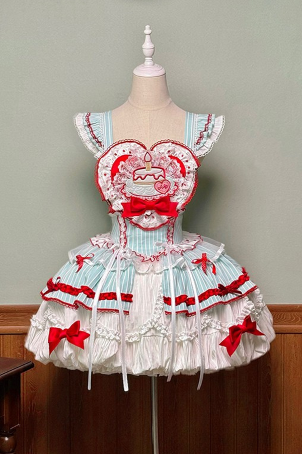 [Pre-order Deadline: September 27] Twin Tiered Lolita Dot Ribbon Striped Dress + Flower Bud Skirt Dress