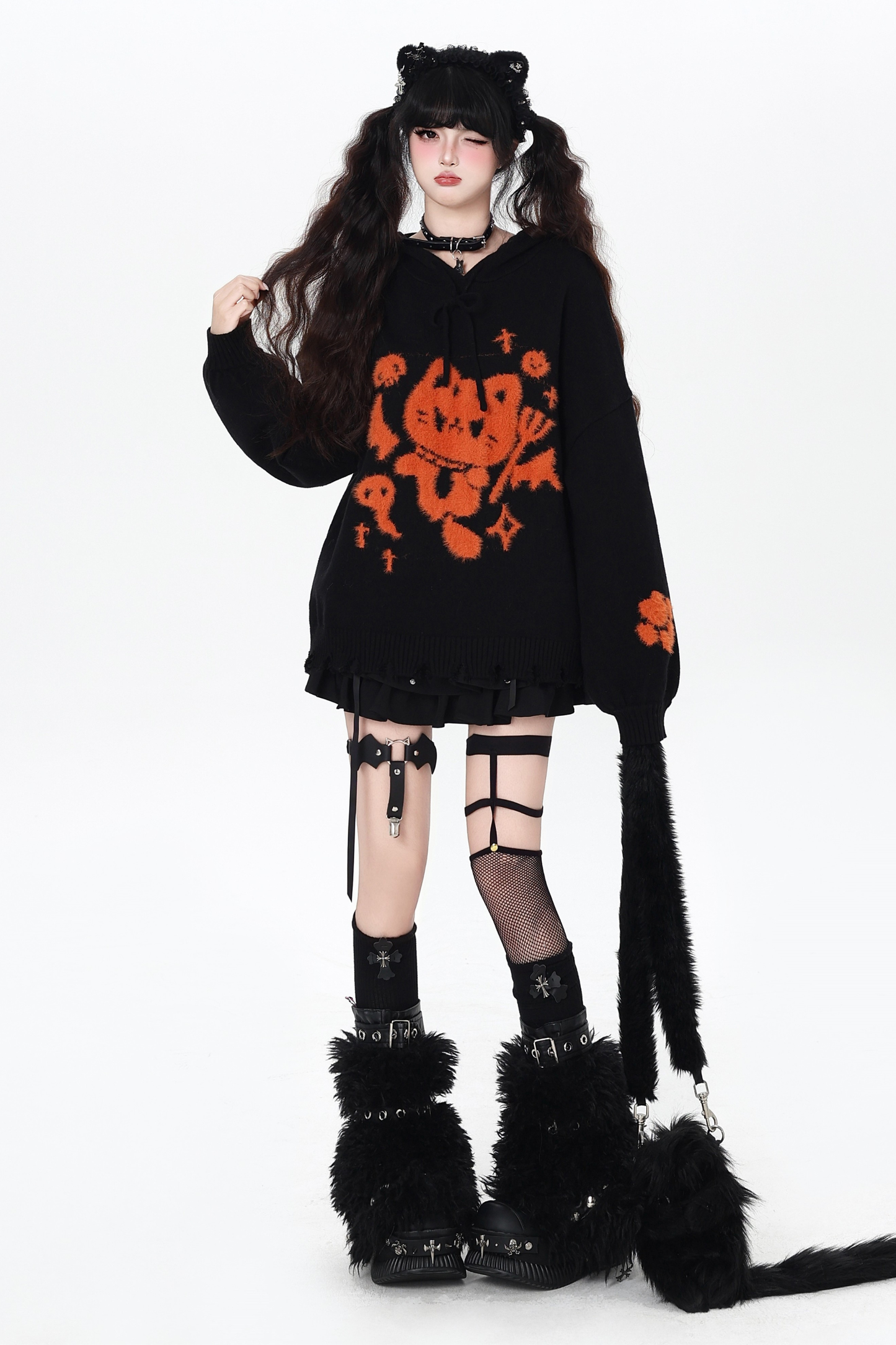 ナイトダークキャットルーズフードニット