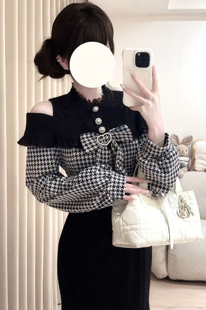 Chidori Plaid Dark Off-the-shoulder Dress