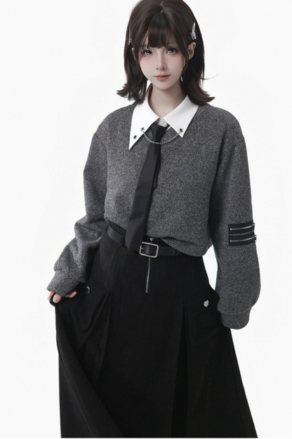 グレーウィンタープレッピーカレッジロングトップス+ショートトップス+スカート+パンツ+シャツ