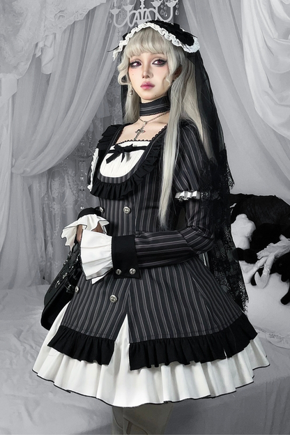 Gothic-Lolita-Streifenkleid + Stirnband + Haarklammer