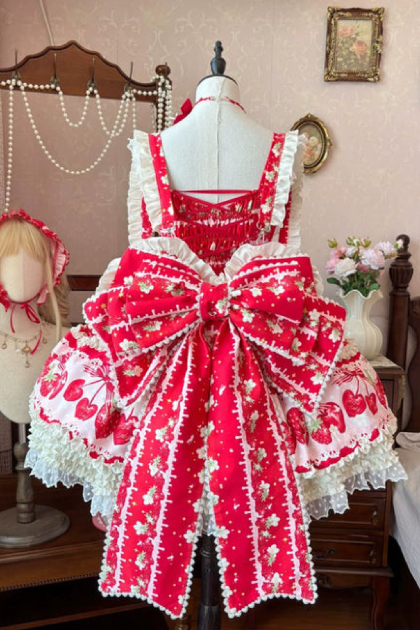 ストロベリーロリータジャンパースカート+ラビットヘアスカーフ+ビッグリボン+トップス+ハット+ボンネット