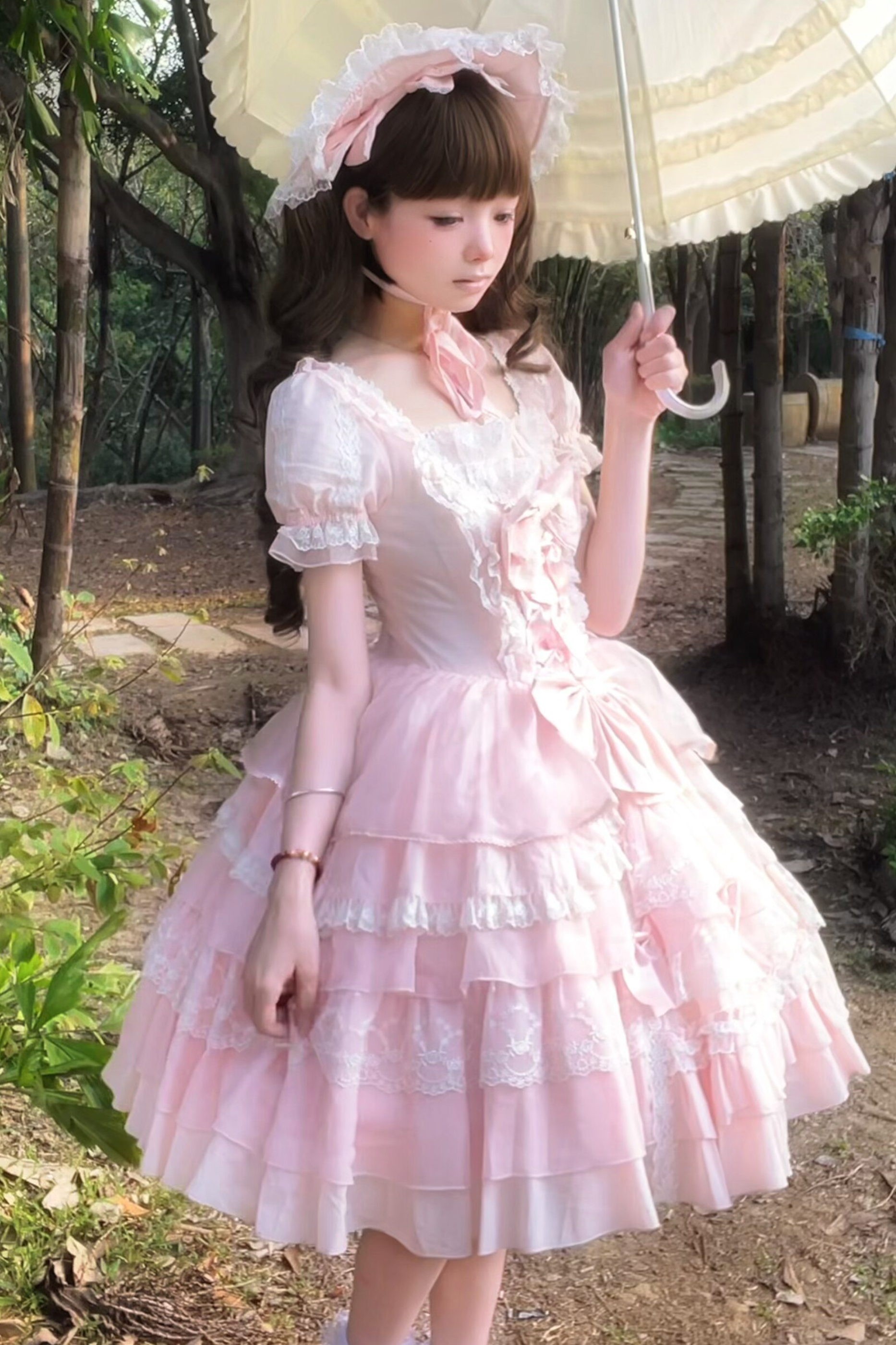 スウィートハートフリルリボンロリータドレス+BNT+ネックレス+姫袖 スウィートハートフリルリボンロリータドレス+BNT+ネックレス+姫袖