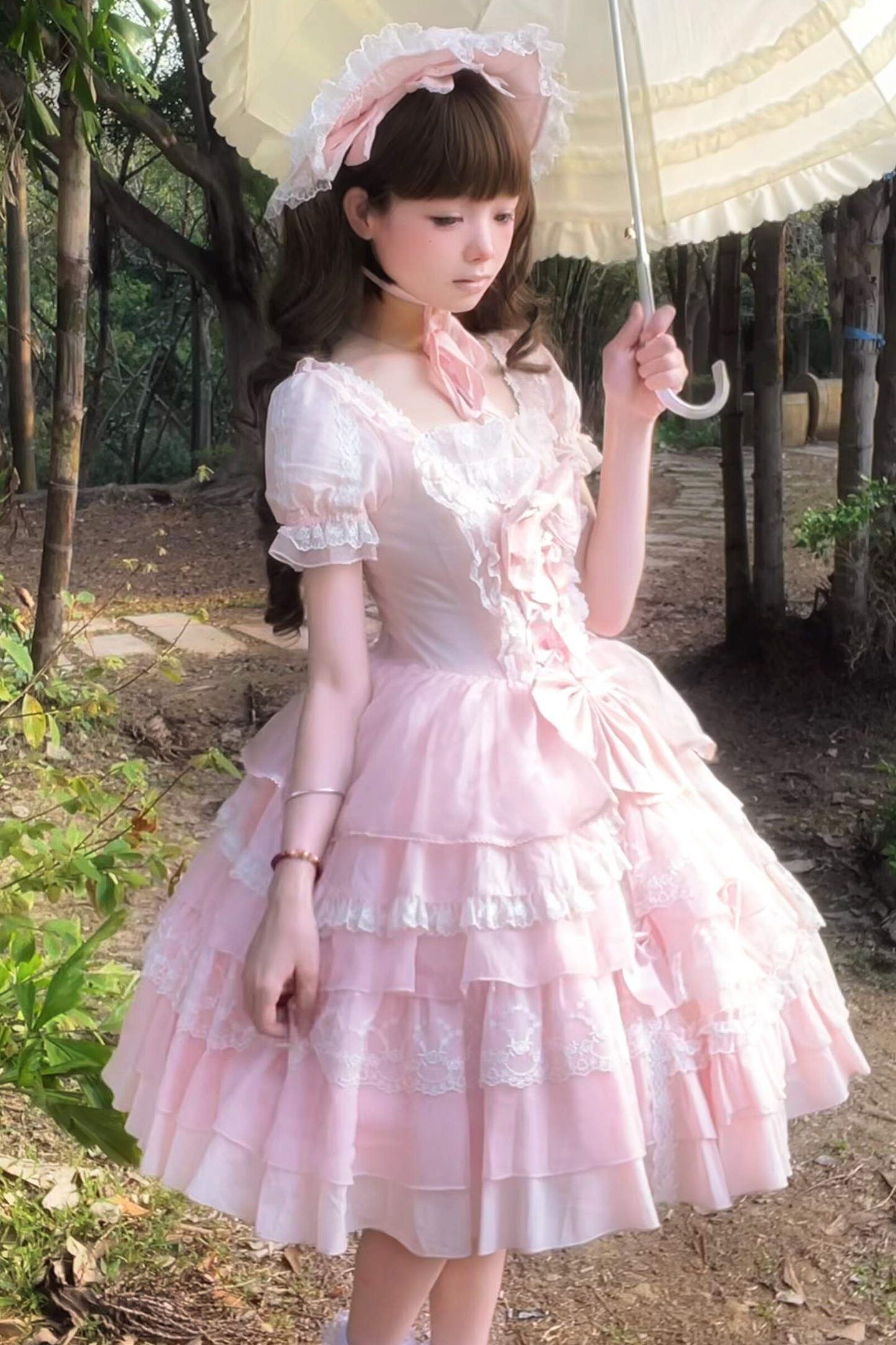 スウィートハートフリルリボンロリータドレス+BNT+ネックレス+姫袖