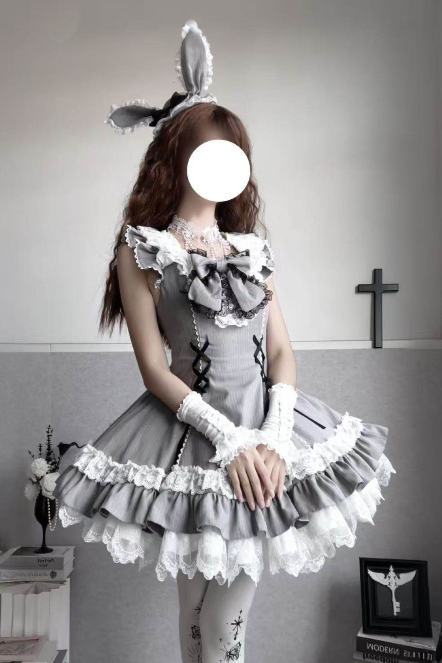 スイートロリータストライプジャンパースカートス+ラビットハット