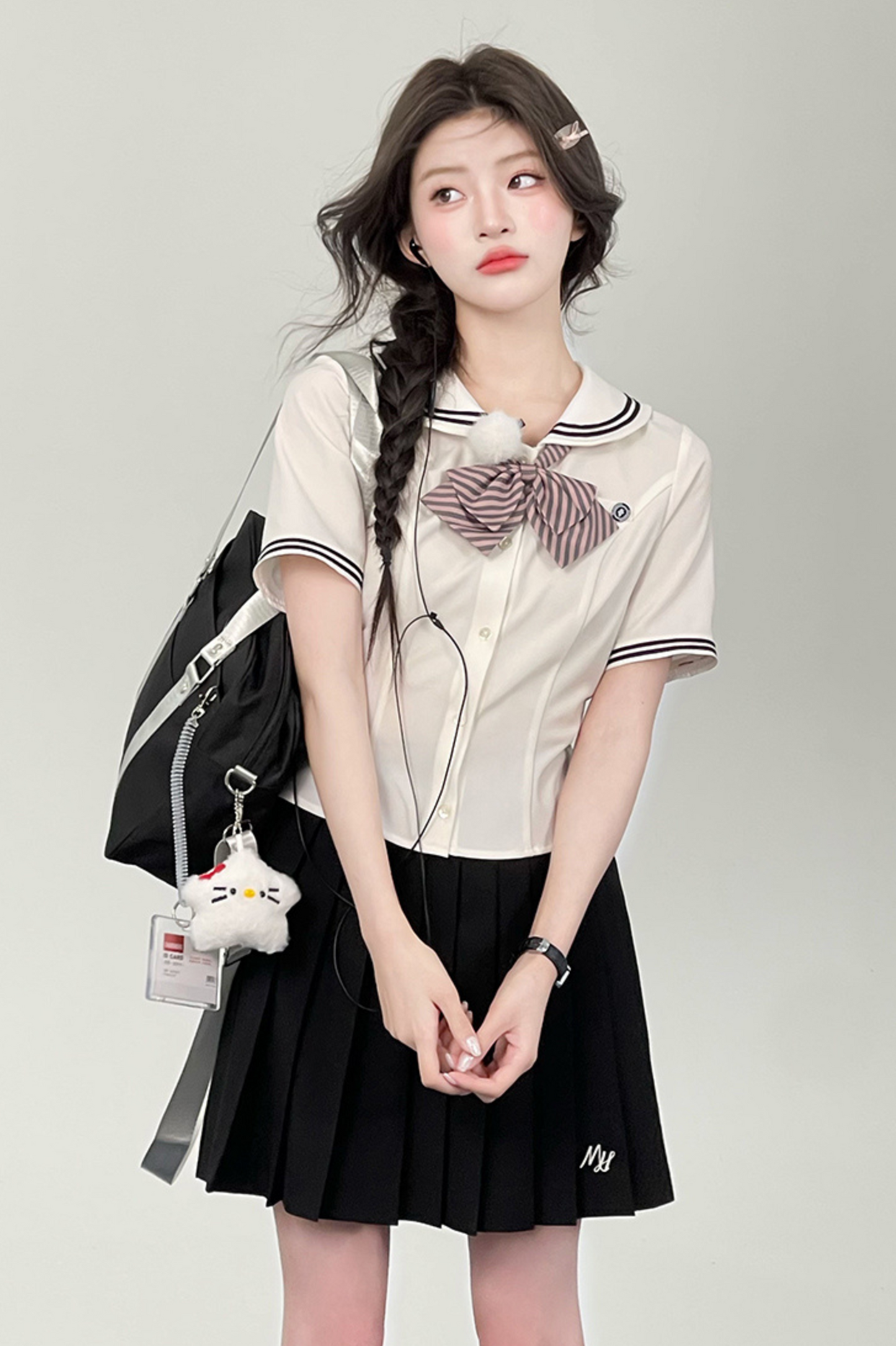 ドールカラートップス＋プリーツスカート＋リボン