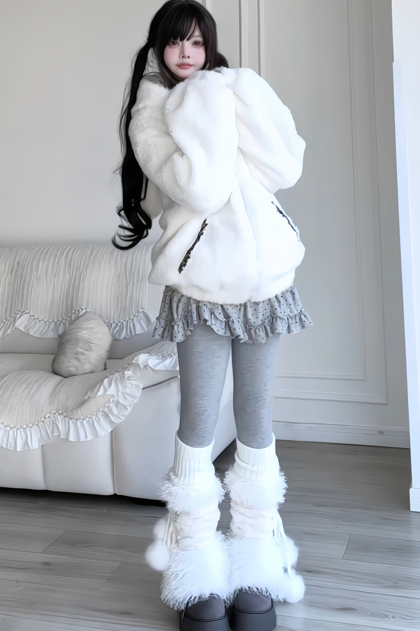 Rabbit Ear Fur Hooded Coat